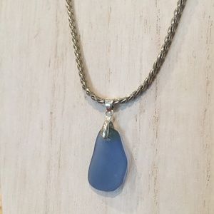 Cornflower Blue Sea Glass Pendant on Silver Chain